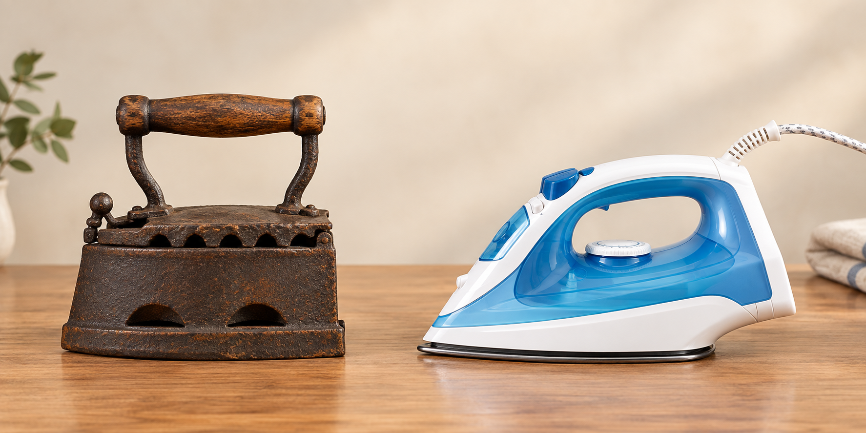 An old style iron next to a modern iron